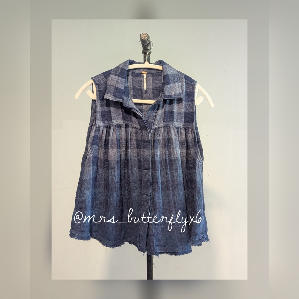 Free People Blue Hey There Sunrise Knit Ombre Plaid Flannel Shirt